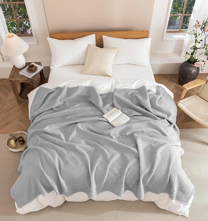 Talasily 100% Cotton Blanket Twin XL Size for Bed - Spring and Summer Cooling Lightweight & Breathable Bedding -Soft Waffle Weave Christmas Blanket, Machine Washable,Gray,66x90 Inches