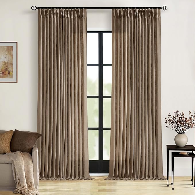 TWODRAPES Brown Linen Pinch Pleated Curtains 108 Inches Long 2 Panels for Living Room Bedroom Light Filtering Drapes 108 Inch Length Dutch Cocoa Semi Sheer Memory Shape Trained Ceiling Floor Curtain