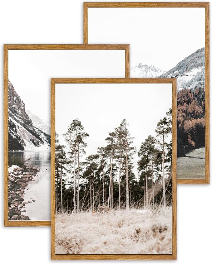 UPWOIGH Mountain Landscape Framed Wall Art, 16 x 24 Inch, Set of 3 | Mountain, Lake and Pine Tree Photography Prints, Soft Neutral Tones, Light Wood Frames for Bedroom, Office and Living Room
