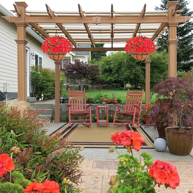 Ouddy Decor Artificial Hanging Flowers with Basket, Silk Fake Azalea Flowers in Coconut Lining Hanging Basket for Indoor Outdoor Yard Garden Patio Home Room Porch Decorations (Red)