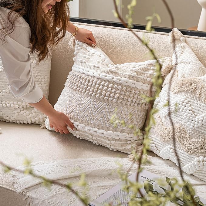 BlissBlush Boho Throw Pillow Cover 20X20, Decorative Accent Pillow for Couch, Square Woven Textured Pillowcase, Modern Boho Pillow for Bed, Bohemian Pillow Cover, Cream White Neutral (Pack of 1)