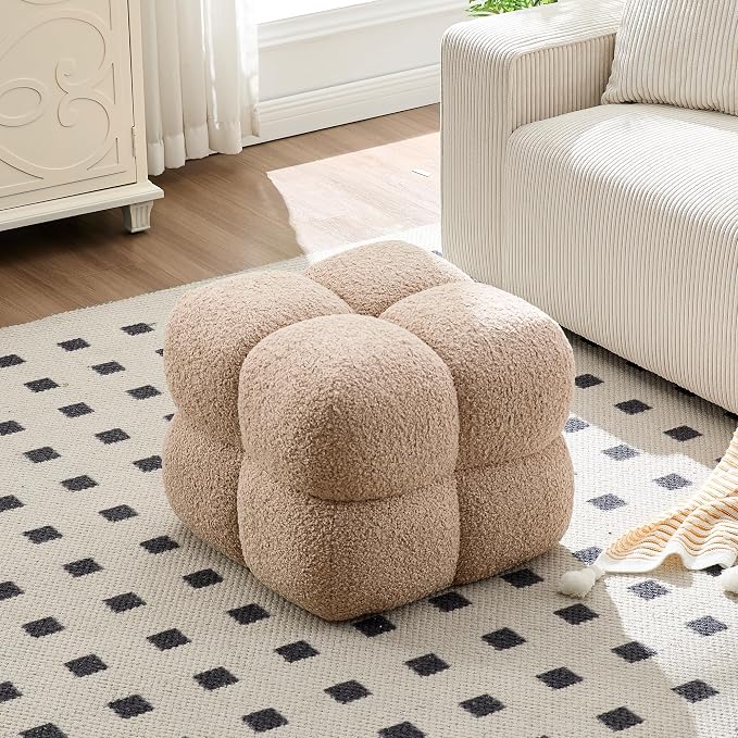 Zesthouse Square Pouf Ottoman Set of 2, Modern Backless Vanity Chair for Bedroom, Tan Fuzzy Foot Rest for Couch, Upholstered Tufted Footstool, Sherpa Fabric Ottoman Coffee Table for Living Room