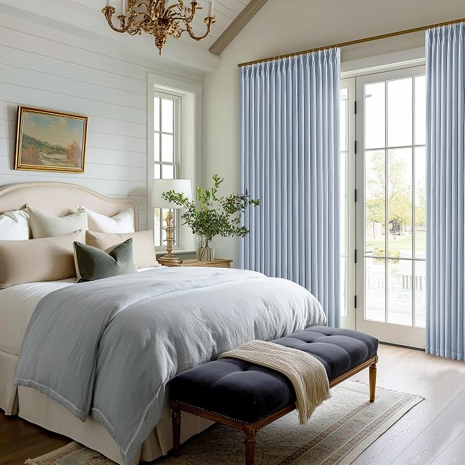 Dusty Blue Linen Pinch Pleat Curtains 84 Inches Long for Living Room Pinch Pleated Drapes Hooks Rings Back Tab Farmhouse Coastal Light Filtering Semi Sheer Blue Grey Curtains Dining Bedroom Office