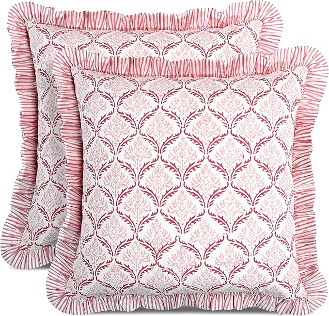 CPC Blush Rose Hand Block Print 100% Cotton Ruffle Throw Pillow Cover 24x24 inch with Hidden Zipper Decorative for Couch, Bed, Sofa, Farmhouse, Cottagecore Decor Gift Christmas Fall Thanksgiving