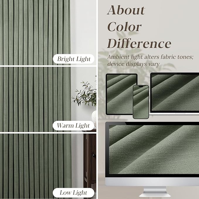 Sage Green Pleated Linen Curtains 120 Inch Length 2 Panels Set Semi Sheer Light Filtering Privacy Window Drapes for Living Room Modern Viral Pinch Pleated Curtains 120 Inches with Hooks Rings Clips