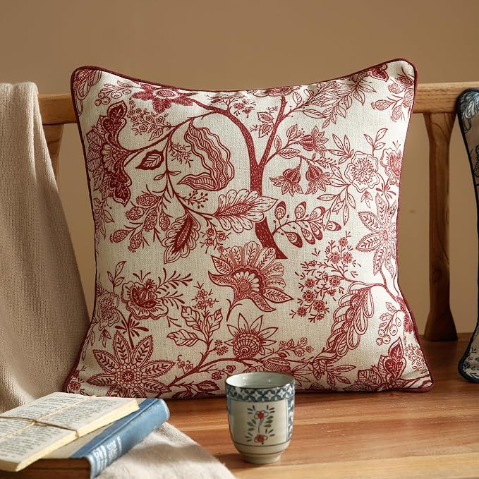 ISAENNE Designer Linen Square Throw Pillow Cover,Set of 2,18"x18"-Ruyi A | Vintage French Elegant Pillow Cover,Concealed Zipper Design,Red Floral Pattern,Sofa,Bedroom,Living Room,Lounge Chairs
