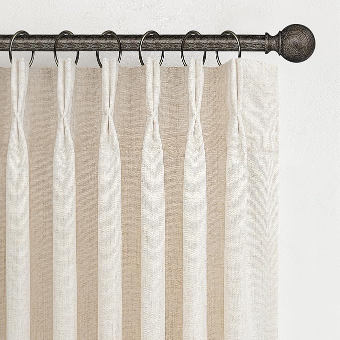 Birch Pinch Pleated Light Filtering 60 Inch Wide Bedroom Curtains 108 Inches Extra Long, Memory Trained Thick Natural Linen Privacy Semi Sheer Curtain Farmhouse 9 FT Length Windows Drapes 2 Panels Set