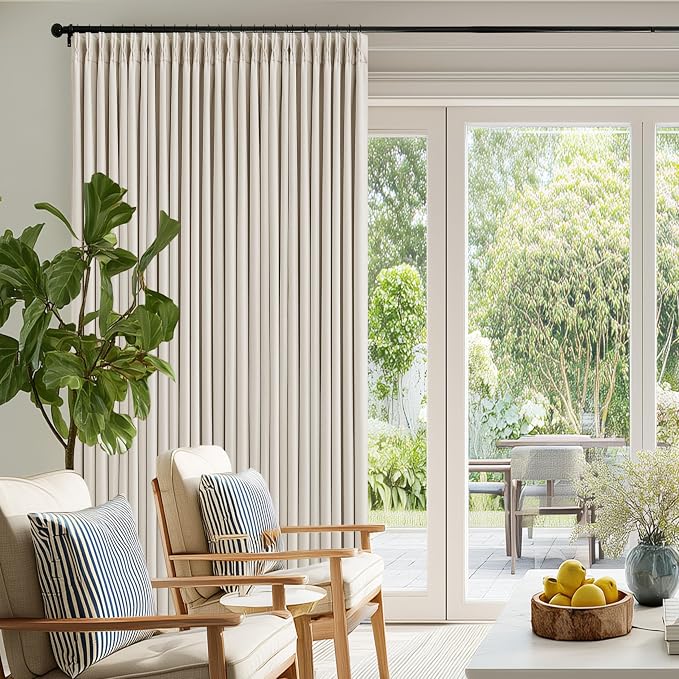 Extra Wide Blackout Curtains 70 x 108 Inches Long for Bedroom Living Room Neutral Farmhouse Pinch Pleated Double Layer Thick Linen Drapes Thermal Insulated with Back Tab for Large Windows 1 Panel