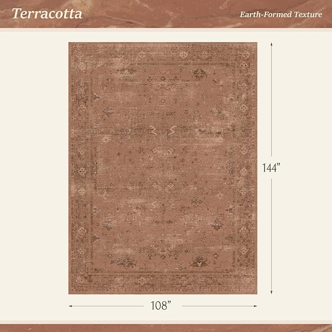 TALANOVA Terracotta 9x12 Washable Area Rugs for Large Living Room, Non-Slip Low Pile Rust Vintage Distressed Geometric Rug, Southwestern Boho Decor for Bedroom & Dining Room