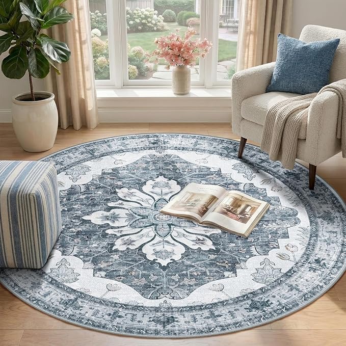 RELEANY Area Rugs 4ft Washable Non-Slip, Floral Vintage Distress Print Pattern Medallion Carpet for Living Room Bedroom Dining Room, Light Gray Grey White