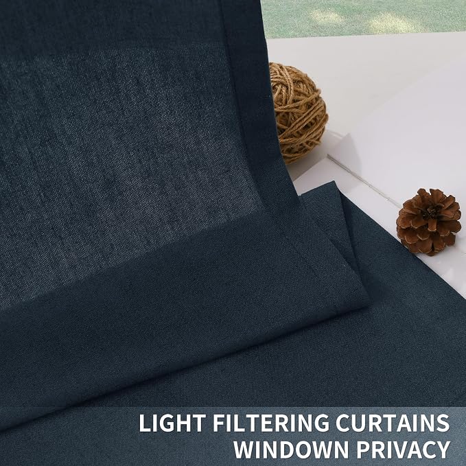 Guken Vintage Blue Pinch Pleated Linen Curtains 84 Inches Long 2 Panels Set Vintage Farmhouse Boho Window Curtain for Living Room Bedroom Semi Sheer Back Tab Draps with Hooks Rings Aesthetic Decor