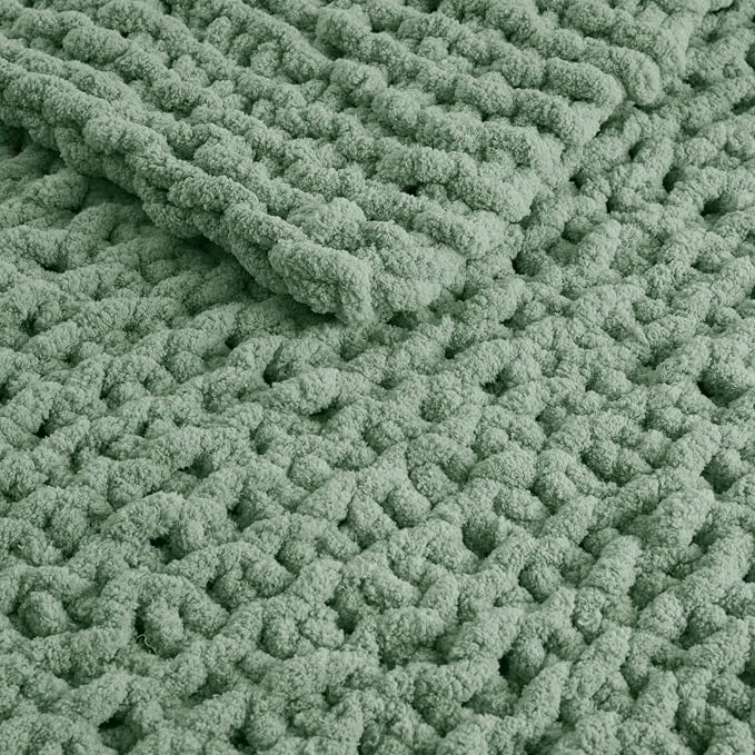 Madison Park Chenille Chunky Knit Handmade Throw Blanket, Luxuriously Soft Gift Blankets, Cottage Style Room Décor, Lightweight & Breathable All Seasons Throw Blanket for Couch, 50"W x 60"L Sage Green