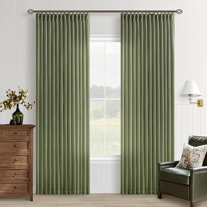 Olive Green Pleated Linen Curtains 80 Inches Long for Living Dining Room Bedroom Light Filtering Boho Window Drapes with Hooks Rings Sliding Glass Door Semi Sheer Curtain Pinch Pleat 2 Panels 40x80