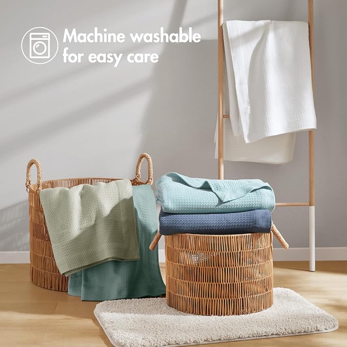 Madison Park 100% Egyptian Cotton Lightweight Summer Blanket, Breathable Waffle Knit Design, Soft Cozy All-Season Throw for Bed, Couch or Sofa, Navy Blue Full/Queen Size (90"x90")