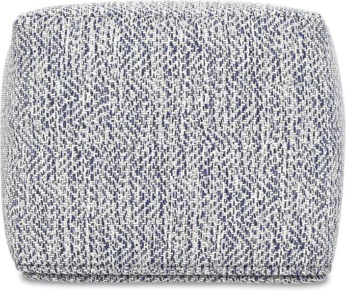 SIMPLIHOME Nate Square Pouf - 18 inch Wide Upholstered Handwoven Cotton Ottoman in Blue, Boho Footstool or Extra Seating for Living Room or Bedroom with Polystyrene EPS Beads, Assembled