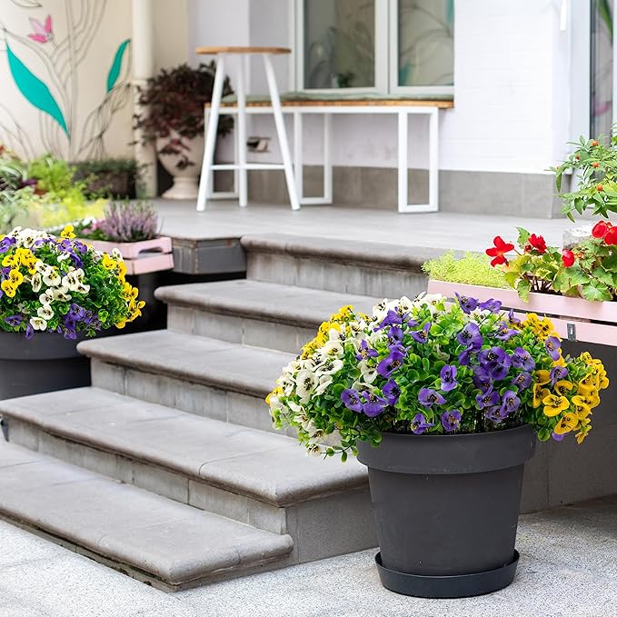 ColoPlay 12 Bundles Artificial Fake Pansy Flowers for Outdoor - Yellow, White & Purple Faux Pansies Flowers, Fake Flowers for Outdoor Planters, Porch, Garden, Window Boxes, and Home Decoration
