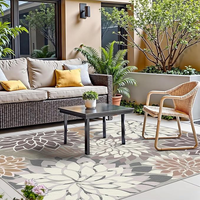 4x6 Washable Rug for Living Room Tropical Botanical Modern Floral Chenille Area Rugs Low Pile Non Slip Carpet for Patio, Bedroom, Laundry, Taupe