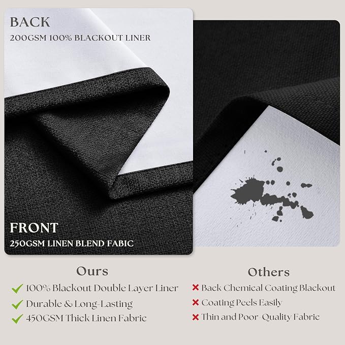 Black Pinch Pleated Blackout Linen Curtains 86 Inches Long for Bedroom Pleated 100% Black Out Drape with Liner Modern Farmhouse Midnight Extra Long 86 Inch Window Curtain Panel for Living Dining Room