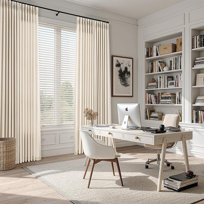 Guken Pinch Pleated Linen Curtains 102 Inches Long 2 Panels for Living Room Bedroom Natural Cream Farmhouse Neutral Light Filtering Semi Sheer Hooks Rings Curtain Window Treatment Beige Ivory 40x102