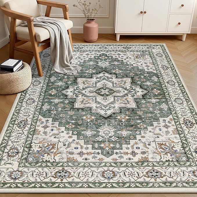 5x7 Area Rugs Living Room Rug: Washable Vintage Boho Medallion Rug No Slip Stain Resistant Soft Carpet Indoor Large Carpets for Bedroom Dining Room Farmhouse Nursery Hallway Home Office Green Ivory