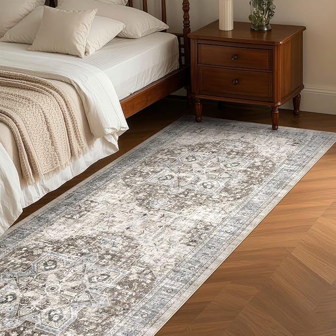Tortania Area Rug 2x6 Runner Rugs - Washable Vintage Oriental Farmhouse Thin Indoor Carpet for Living Room Bedroom Hallway Entryway Kitchen Under Dining Table Home Office - Brown Blue