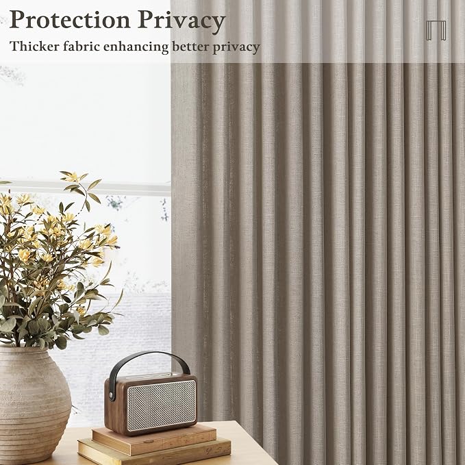 Burlywood Pinch Pleated Floor to Ceiling Long Curtains 105 Inch Length Taupe Linen Semi Sheer Curtains for Bedroom 2 Panels Set with Hooks Rings Light Filtering Neutral Farmhouse Drapes 50 Inch Wide