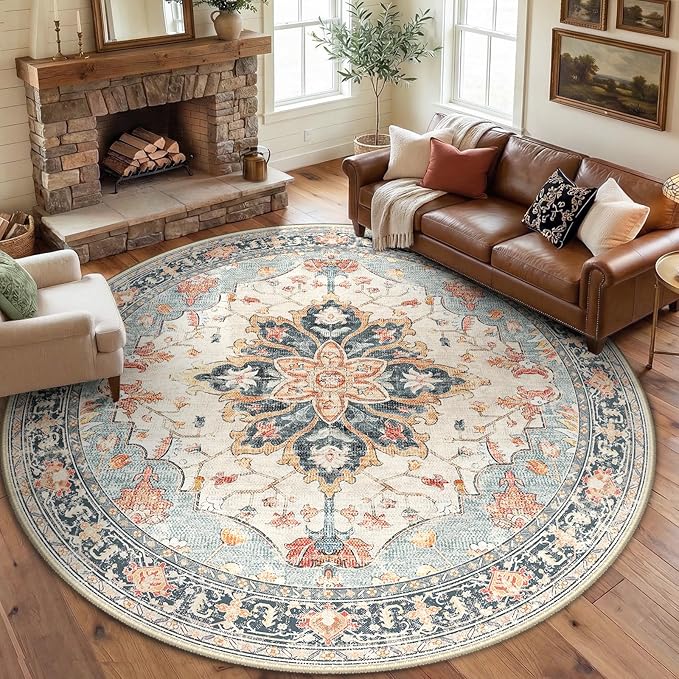 RELEANY 8ft Round Rug, Area Rugs 8ft, Washable Rug, Non-Slip, Rugs for Living Room for Bedroom, Circle , Vintage Rugs Boho Floral Medallion, Low Pile, Soft, Beige Dark Blue Navy Red