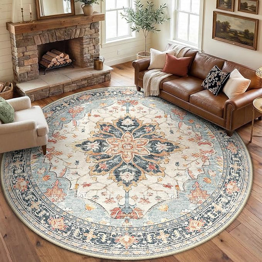 RELEANY 8ft Round Rug, Area Rugs 8ft, Washable Rug, Non-Slip, Rugs for Living Room for Bedroom, Circle , Vintage Rugs Boho Floral Medallion, Low Pile, Soft, Beige Dark Blue Navy Red