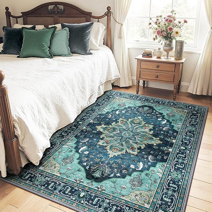 RELEANY Area Rugs 5'x7' Washable Non-Slip, Floral Vintage Distress Print Pattern Medallion Carpet for Living Room Bedroom Dining Room, Teal Green Lake Blue Turquoise