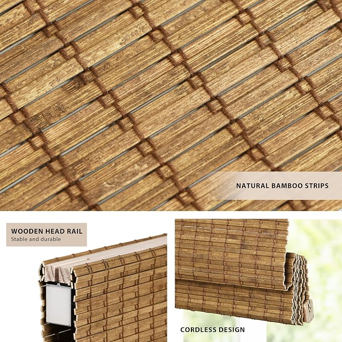 LazBlinds No Tools No Drill Cordless Bamboo Roman Shades, Light Filtering Window Treatment, Roll Up Bamboo Blinds for Windows 30.5'' W x 64'' H, Eastfield Teak
