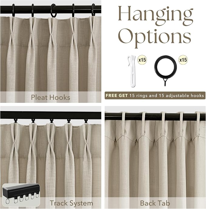 Linen Pinch Pleated Curtains 72 Inch Length 2 Panels for Living Room Bedroom Textured Semi Sheer Drapes Pinch Pleat Rings Window Curtain 40x72