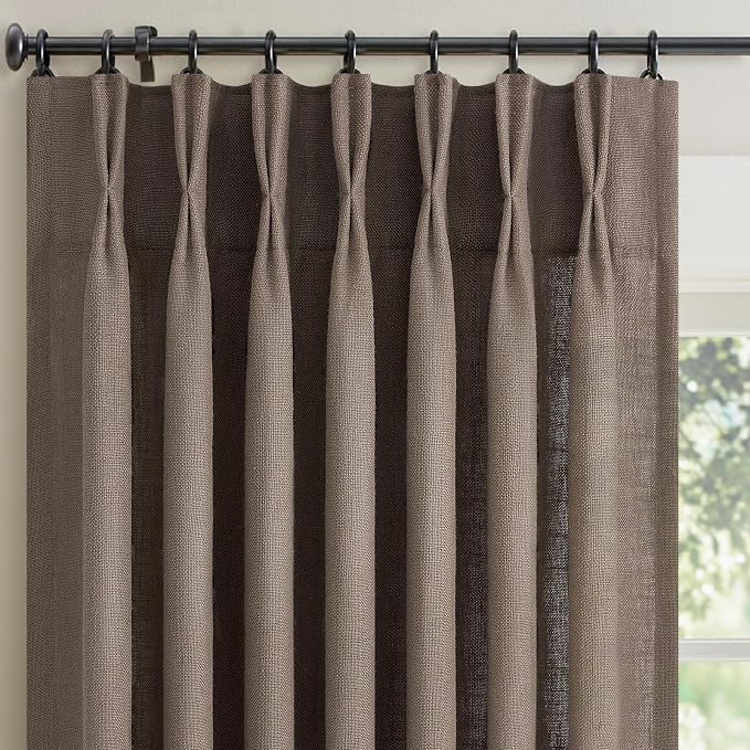 Dark Taupe Linen Curtains Pinch Pleated 94 Inch Long 2 Panels for Living Room Bedroom Thick Linen Textured Semi Sheer Rustic Farmhouse Back Tab Pleat Drapes with Hooks Floor to Ceiling Curtains Flax