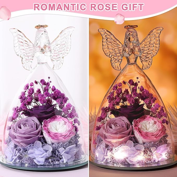 Mothers Day Rose Gifts for Women Preserved Real Flower in Glass Angel Figurines Roses for Delivery Prime Birthday Gifts for Mom Grandma Girlfriend Wife Her, Colorful Purple