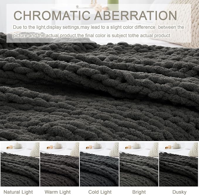 Chunky Knit Throw Blanket 60x80, 100% Handmade Chenille Yarn | 6.7lbs Soft Thick Cable Knitted Blankets, Large Rope Knot Crochet Throws for Couch Sofa Bed Machine Washable, Dark Grey