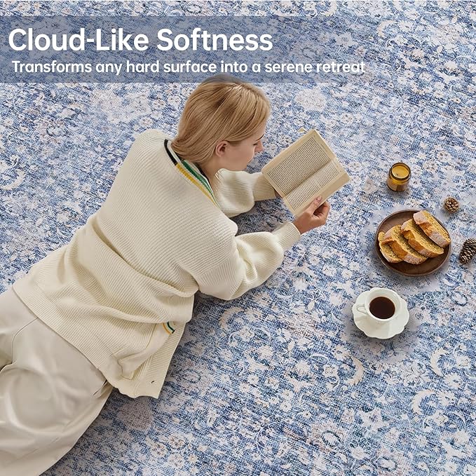 Sasttie Round Rugs 6ft, Ultra-Soft Washable Circle Rug, Low Pile Foldable Thin Carpets with Non-Slip Backing, Skin-Friendly Stain Resistant Carpet for Living Room, Bedroom, Kitchen, Dorm, 6ft, Blue