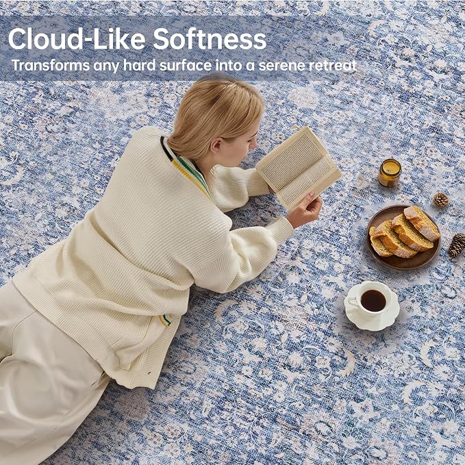Sasttie 9x12 Area Rug, Ultra-Soft Washable Rug, Low Pile Foldable Thin Carpets with Non-Slip Backing, Skin-Friendly Stain Resistant Carpet for Living Room, Bedroom, Kitchen, Dorm, 9x12, Blue
