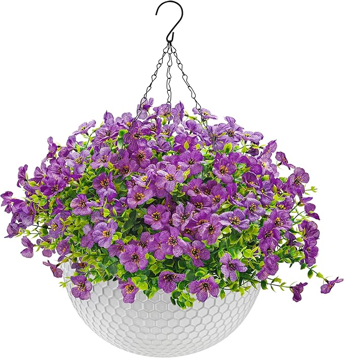 Der Rose Artificial Hanging Flowers Basket for Faux Plants Outdoor Spring Summer Decoration UV Resistant Fake Flowers for Patio Balcony Farmhouse Decor(Purple)