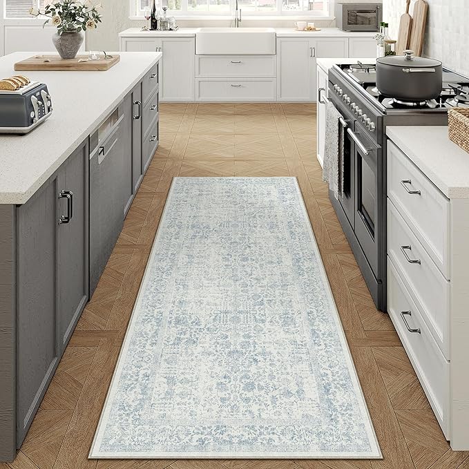 PureCozy Blue Runner Rug 2x6 Hallway Machine Washable Kitchen Vintage Distressed Non Slip Long Carpet Indoor Retro Floral Bedroom Accent Throw Rug for Bathroom Office Laundry Dining Room