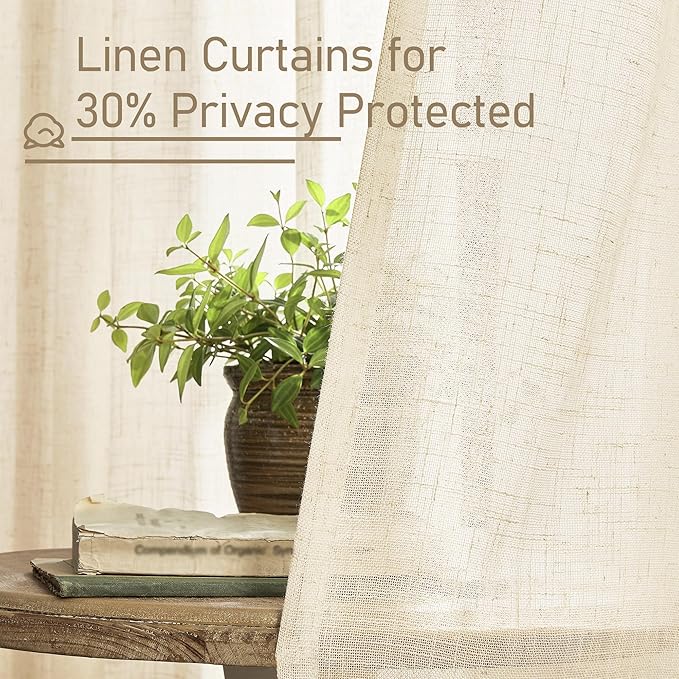 LAMIT Beige Linen Cafe Curtains 24 Inch Length, Semi Sheer Light Filtering Window Panels Back Tab and Rod Pocket Drapes for Kitchen/Small Windows, 25 x 24 Inch, 2 Panels