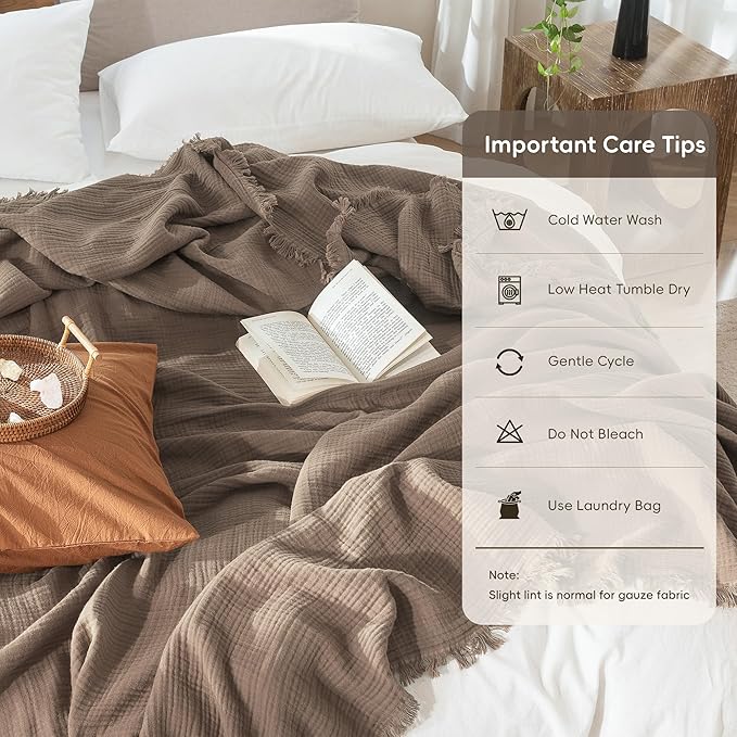 MooMee Muslin Blanket - 100% Cotton 4-Layer Gauze Throw Blanket with All-Around Fringe, Soft Breathable Lightweight Cooling Summer Blankets for Bed Couch(Brown,Super King 108" x 98")