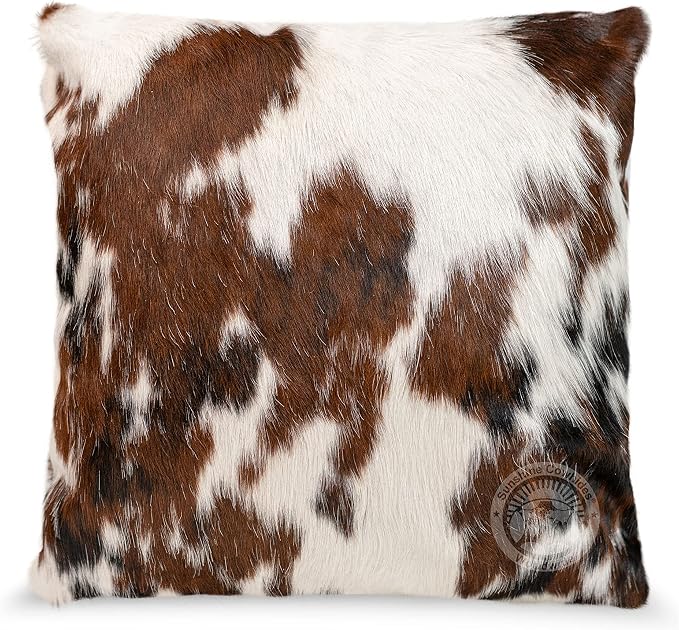Sunshine Cowhides 100% Genuine Cowhide Pillow Cover - 20" x 20" Square Tricolor Decorative Cow Print Pillows w/Zipper Closure for Couch or Bed Decor (Pillow Filler Not Included) - 1 Piece