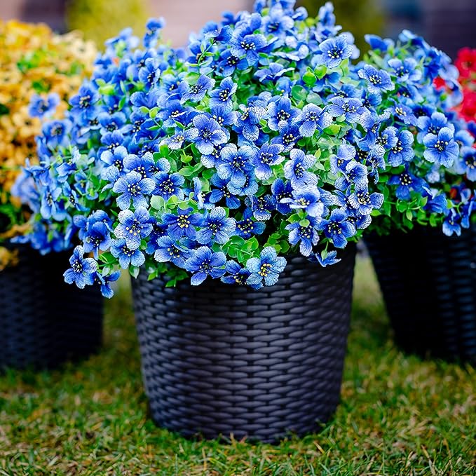 AXYLEX Artificial Flowers for Outdoors Fake Plants - 16 Bundles Faux Outside Greenery Boxwood No Fade Plastic Shrubs Fall Decor Farmhouse Home Garden (Blue)