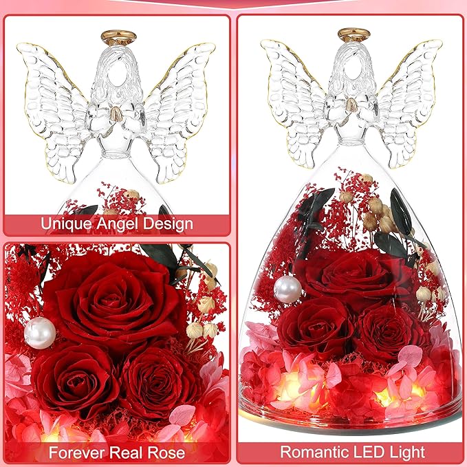 Mothers Day Rose Gifts for Women Preserved Real Flower in Glass Angel Figurines Roses for Delivery Prime Birthday Gifts for Mom Grandma Girlfriend Wife Her, Red Austin Roses