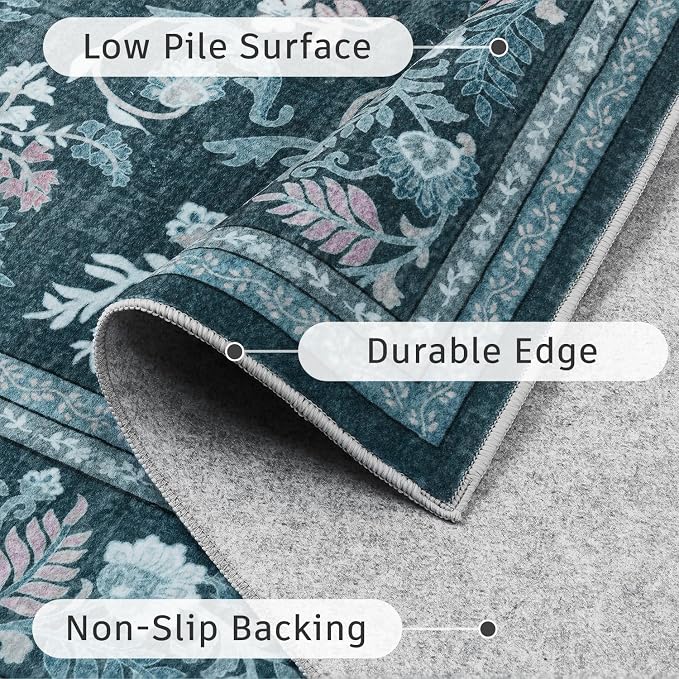 DCX Navy Blue 6x9 Area Rug, Machine Washable Non Slip Stain Resistant Soft Vintage Floral Rug, for Living Room, Bedroom, Dining Room, Soft Low Pile Large Carpet