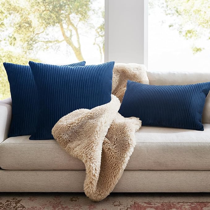 YCOLL Navy Blue 12x20 Pillow Cover Set of 2 Velvet Striped Pattern - Soft Throw Pillows for Home Decor, Luxury Decorative Pillow Covers for Couch, Bed,Living Room