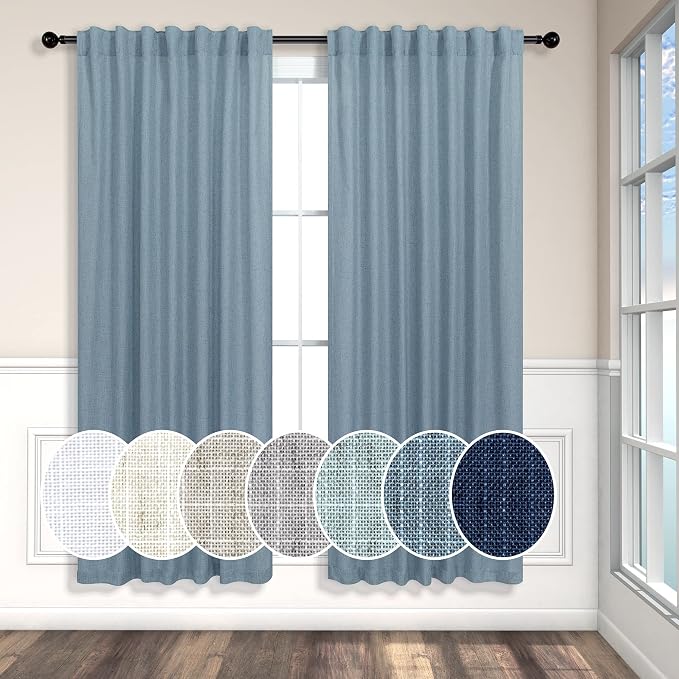 Light Blue Curtains 63 Inch Length for Kids Room 2 Panel Back Tab Pocket Semi Sheer Linen Lightweight Airy Flowy Country Blue Farmhouse Curtain for Bedroom Teen Boys Boho Denim Blue Grey Gray 52x63