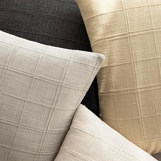 Foindtower Set of 2 Decorative Linen Check Throw Pillow Covers Neutral Farmhouse Lumbar Cushion Covers Modern Coastal Boho Home Decor for Sofa Chair Couch Bedroom Living Room,12×20 Inch,Light Grey
