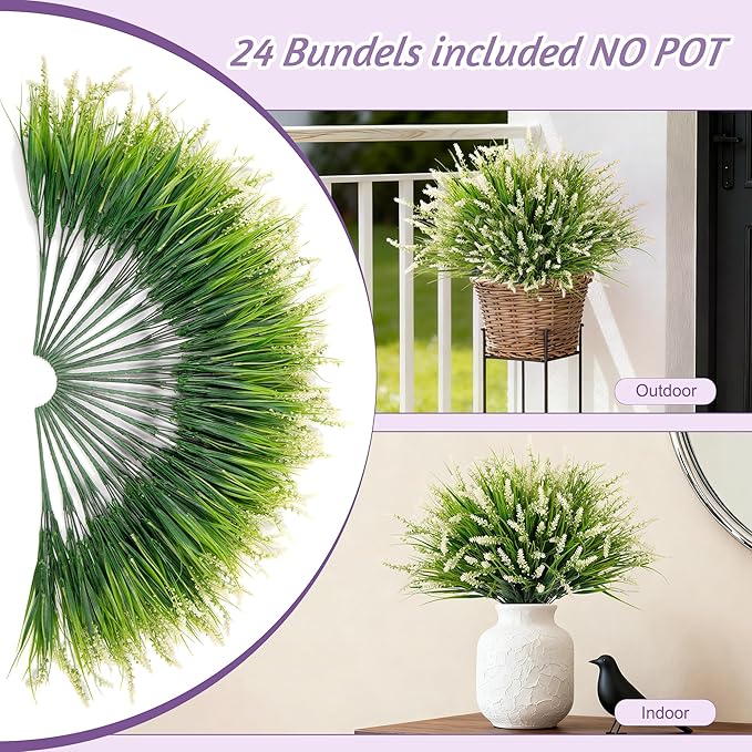 Ammyoo 24 Pcs Artificial Faux Plants for Outdoor Spring Decoration, Fake Monkey Grass for Garden Porch Balcony Planters, Fake Greenery Shrubs UV Resistant No Fade Plants Bush for Pathway(White)