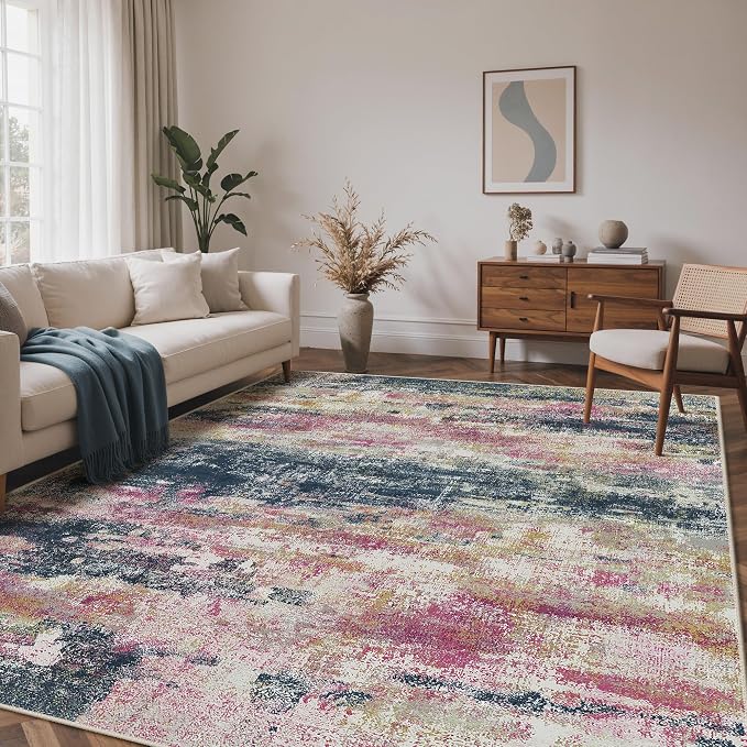 BEIMO Area Rugs 5x7 for Living Room Bedroom, Modern Abstract Machine Washable Rug, Large Soft Low Pile Floor Carpet with Non Slip Backing for Dining Room, Navy/Pink