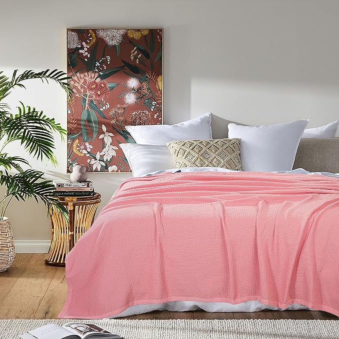 TreeWool Premium 100% Cotton Waffle Summer King Blanket (90"x108", Pink) | 420 GSM Breathable Lightweight Moisture Wicking Soft Knit Thermal Blanket for Bed or Sofa All-season Comfort Machine Washable